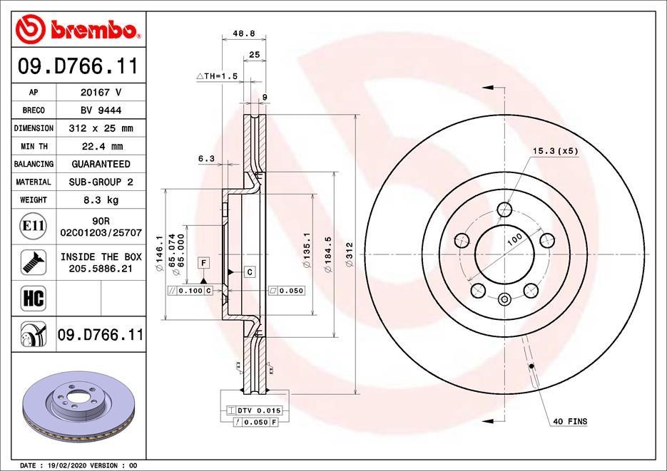 Brembo 09.D766.11 Ventilated disc brake, 1 pcs. 09D76611