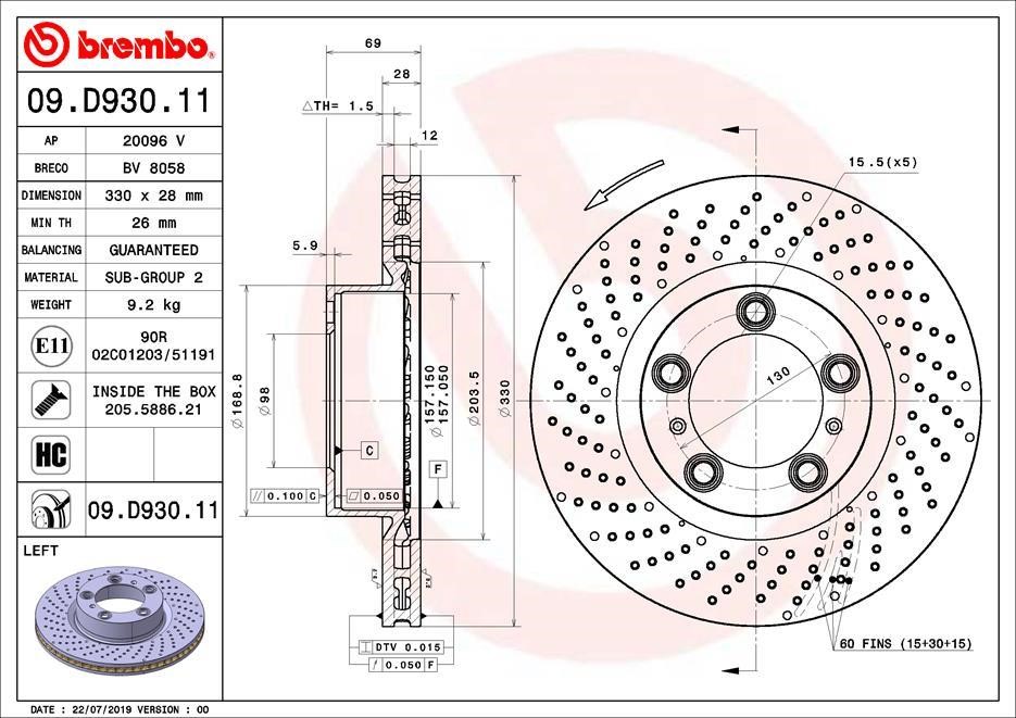 Brembo 09.D930.11 Ventilated brake disc with perforation 09D93011