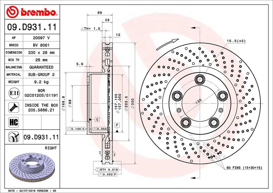 Brembo 09.D931.11 Ventilated brake disc with perforation 09D93111