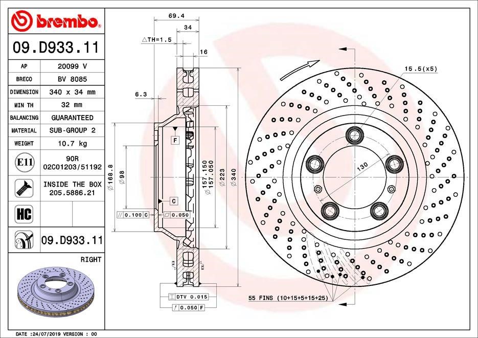 Brembo 09.D933.11 Ventilated brake disc with perforation 09D93311