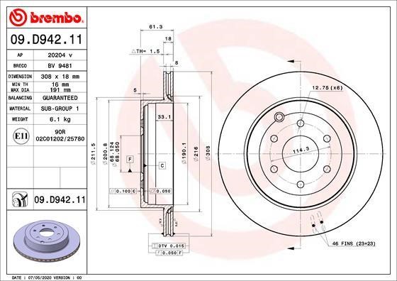 Brembo 09.D942.11 Rear ventilated brake disc 09D94211