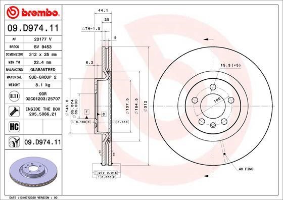 Brembo 09.D974.11 Front brake disc ventilated 09D97411