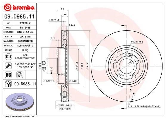 Brembo 09.D985.11 Front brake disc ventilated 09D98511