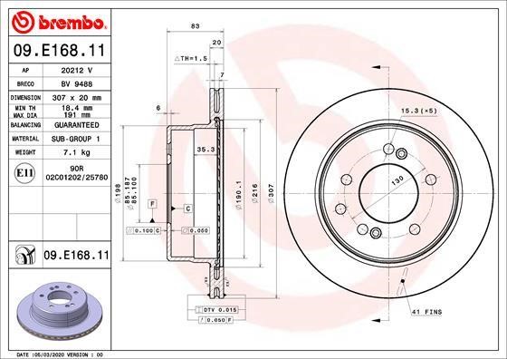Brembo 09.E168.11 Rear ventilated brake disc 09E16811