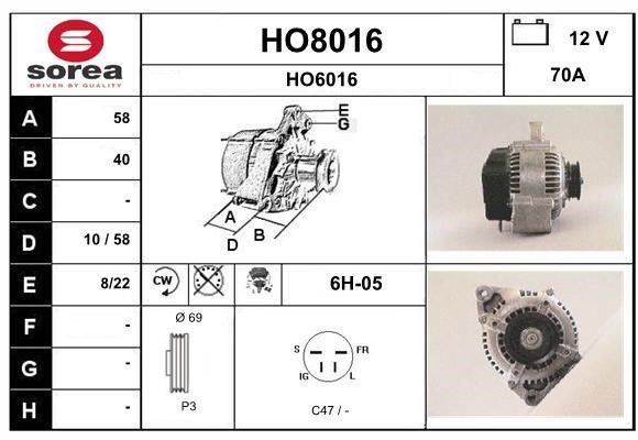 SNRA HO8016 Alternator HO8016