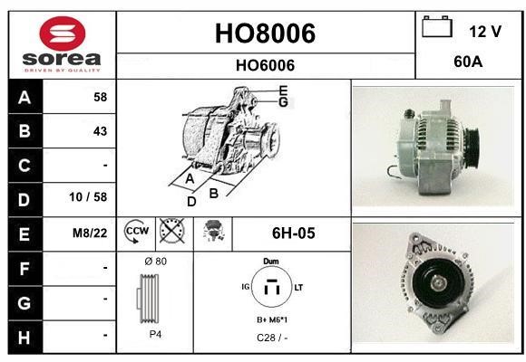SNRA HO8006 Alternator HO8006