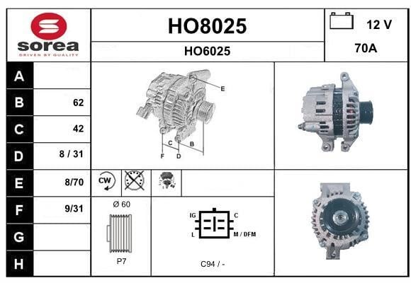 SNRA HO8025 Alternator HO8025