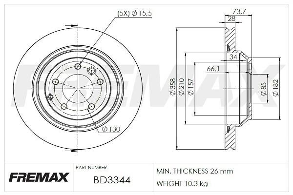 Fremax BD3344 Rear ventilated brake disc BD3344