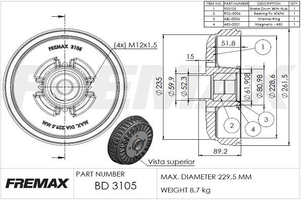 Fremax BD-3105-KT Rear brake drum BD3105KT
