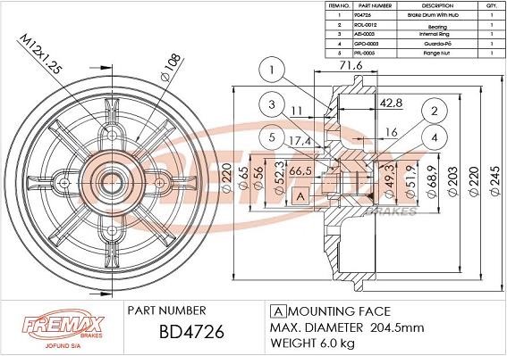 Fremax BD-4726-KT Rear brake drum BD4726KT