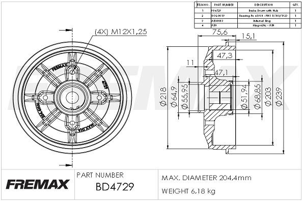 Fremax BD-4729-KT Rear brake drum BD4729KT