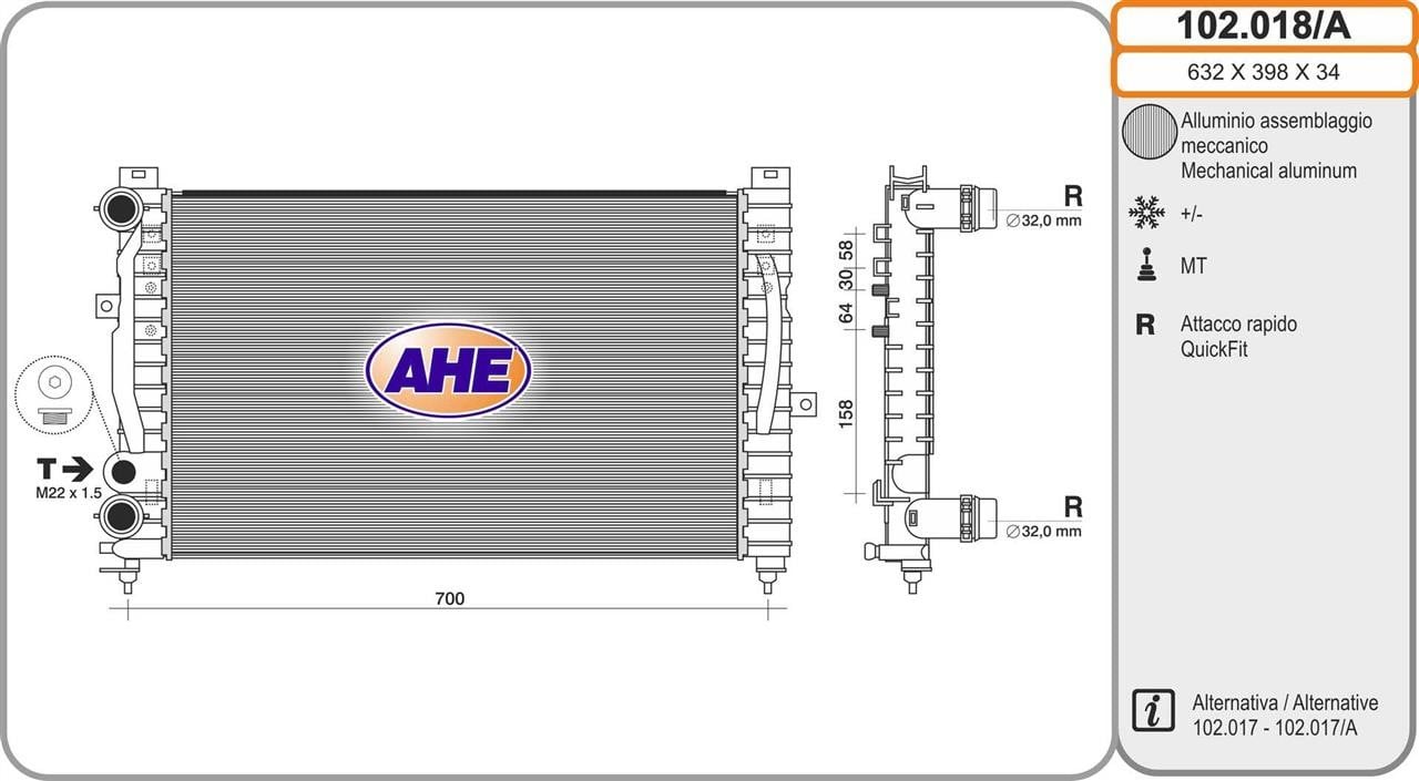 AHE 102.018/A Radiator, engine cooling 102018A