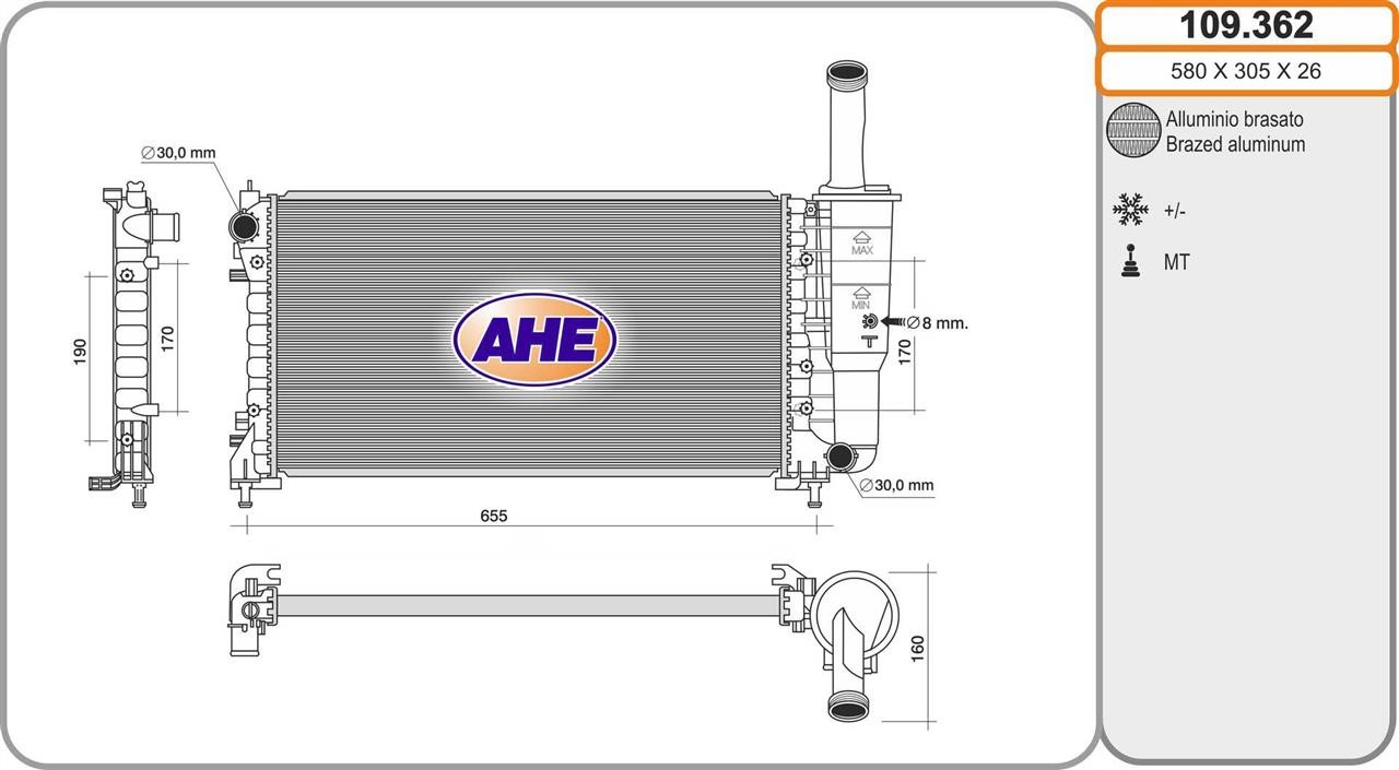 AHE 109.362 Radiator, engine cooling 109362