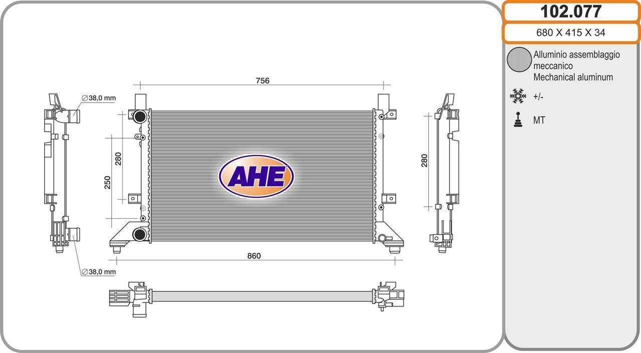 AHE 102.077 Radiator, engine cooling 102077