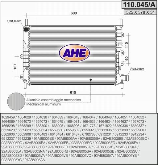 AHE 110.045/A Radiator, engine cooling 110045A
