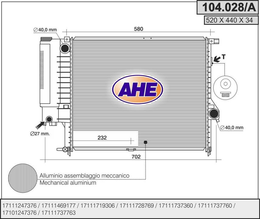 AHE 104.028/A Radiator, engine cooling 104028A