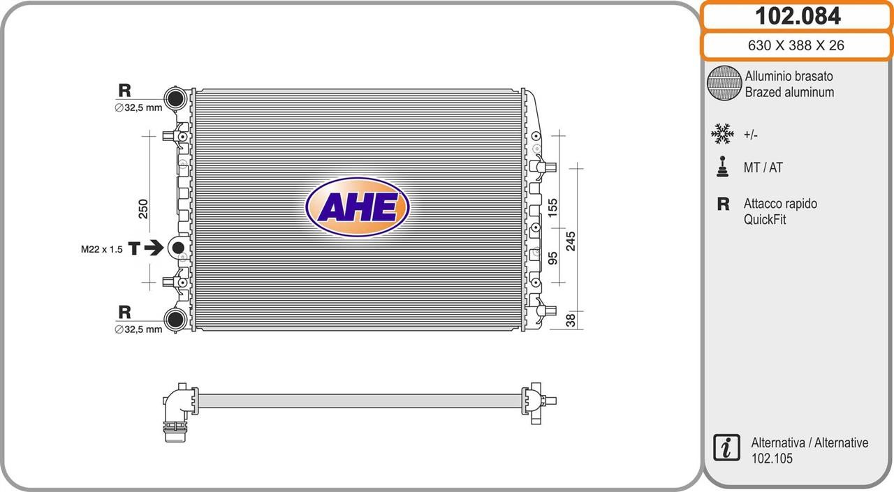 AHE 102.084 Radiator, engine cooling 102084