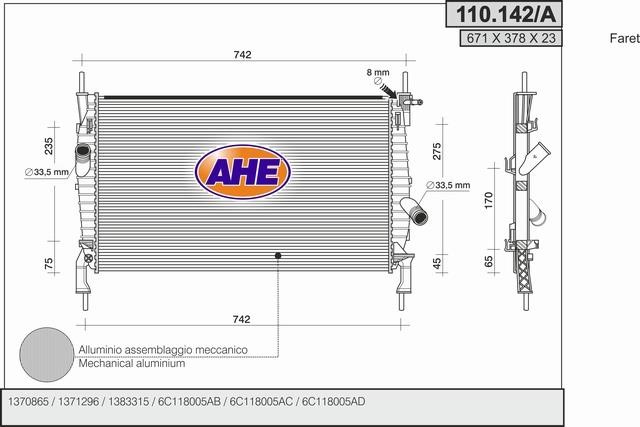 AHE 110.142/A Radiator, engine cooling 110142A