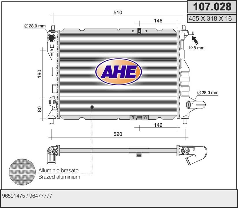 AHE 107.028 Radiator, engine cooling 107028