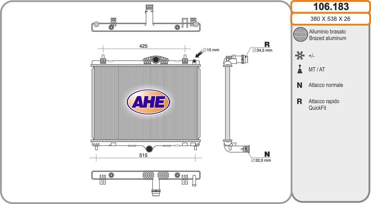 AHE 106.183 Radiator, engine cooling 106183