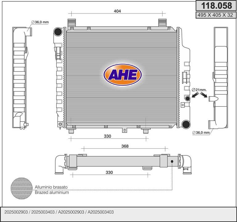 AHE 118058 Radiator, engine cooling 118058