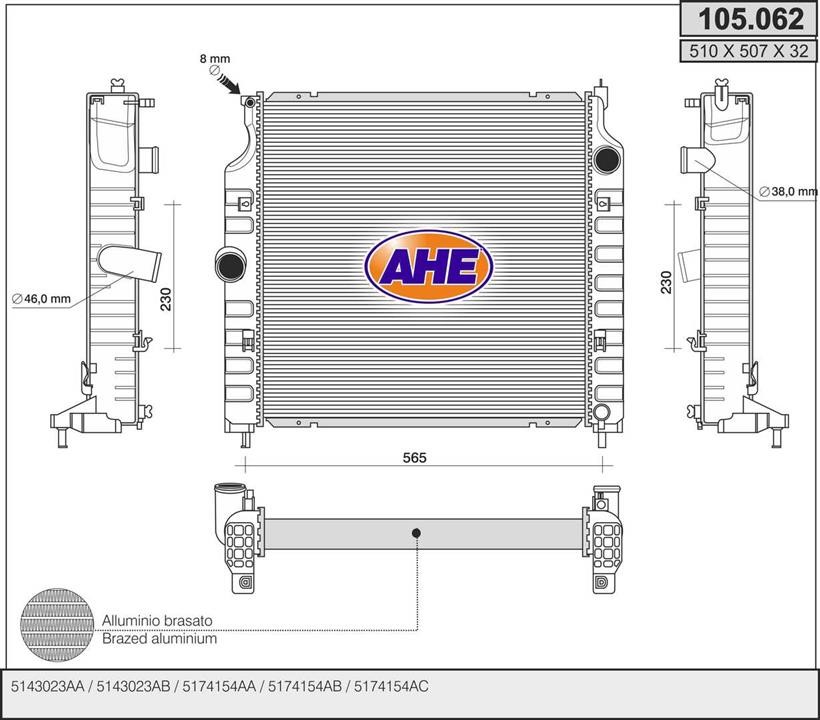 AHE 105.062 Radiator, engine cooling 105062