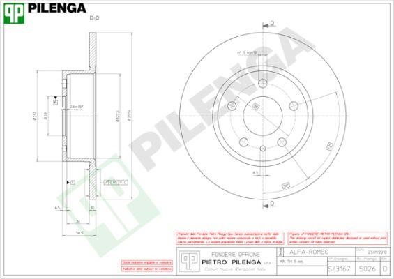 Pilenga 5026 Rear brake disc, non-ventilated 5026