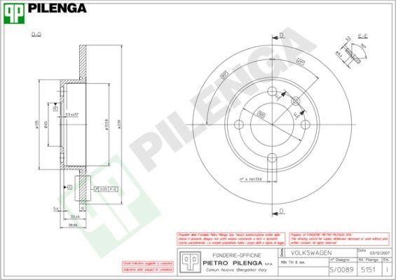 Pilenga 5151 Unventilated front brake disc 5151