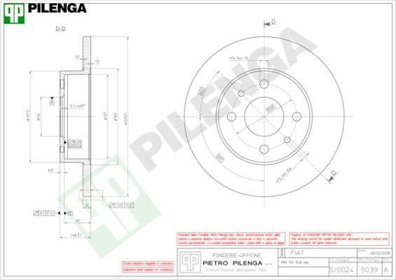 Pilenga 5039 Unventilated front brake disc 5039