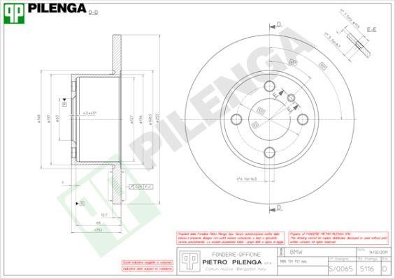 Pilenga 5116 Unventilated front brake disc 5116