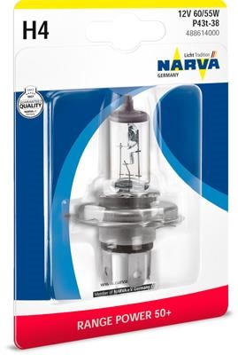 Narva 488614000 Halogen lamp Narva Rangepower  +50% 12V H4 60/55W +50% 488614000