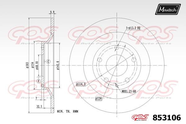 MaxTech 853106.0000 Rear brake disc, non-ventilated 8531060000