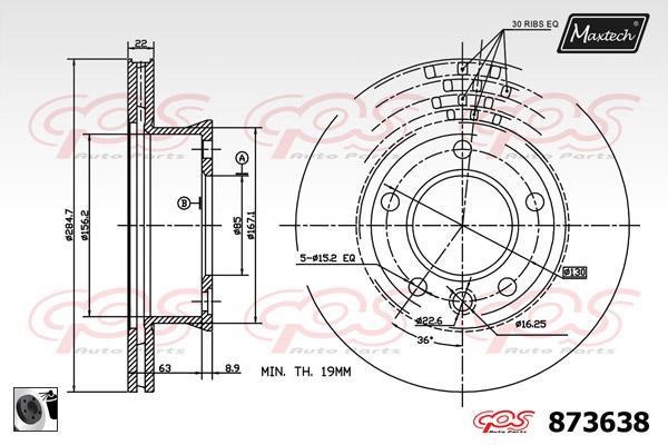 MaxTech 873638.0060 Front brake disc ventilated 8736380060