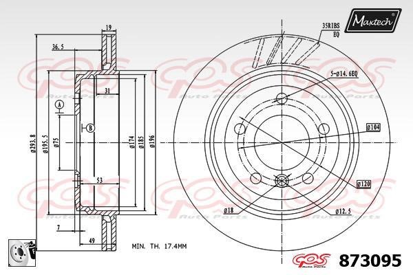 MaxTech 873095.0080 Rear ventilated brake disc 8730950080