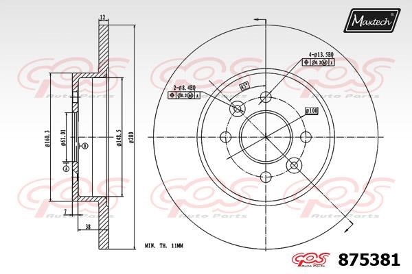 MaxTech 875381.0000 Rear brake disc, non-ventilated 8753810000