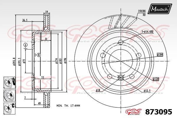 MaxTech 873095.6980 Rear ventilated brake disc 8730956980