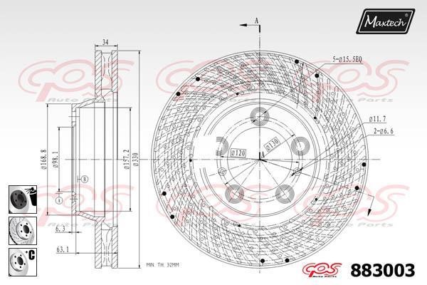 MaxTech 883003.6360 Front brake disc ventilated 8830036360