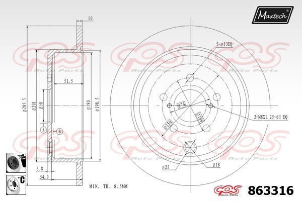 MaxTech 863316.6060 Rear brake disc, non-ventilated 8633166060