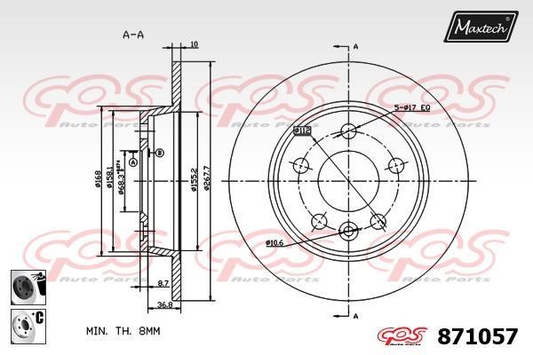 MaxTech 871057.6060 Rear brake disc, non-ventilated 8710576060