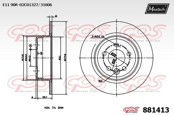 MaxTech 881413.0000 Rear brake disc, non-ventilated 8814130000