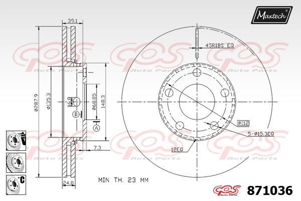 MaxTech 871036.6980 Front brake disc ventilated 8710366980