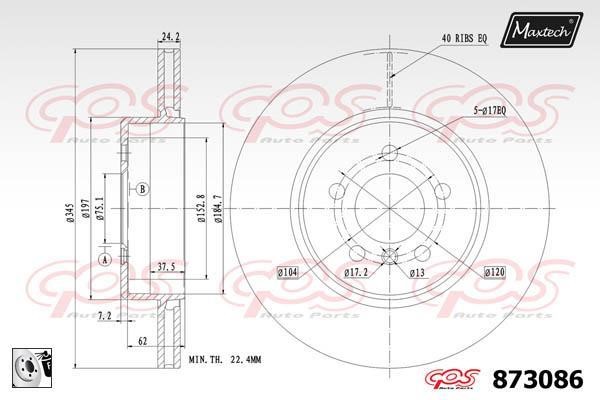 MaxTech 873086.0080 Rear ventilated brake disc 8730860080