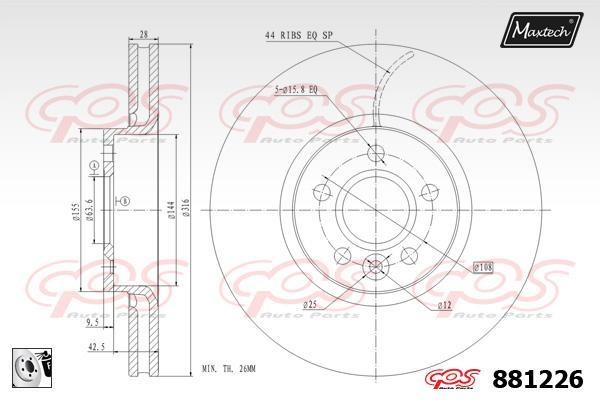 MaxTech 881226.0080 Front brake disc ventilated 8812260080