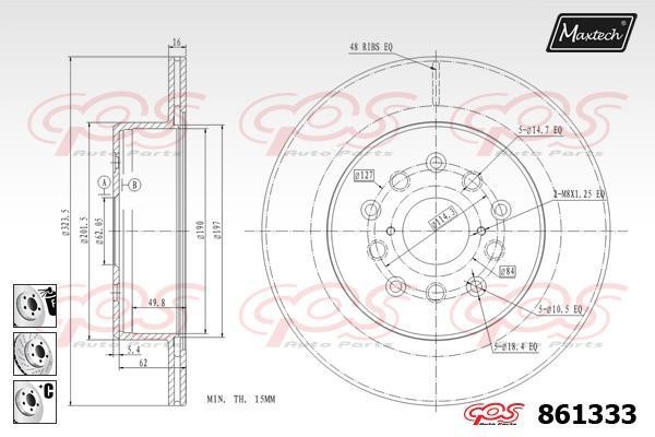MaxTech 861333.6980 Rear ventilated brake disc 8613336980