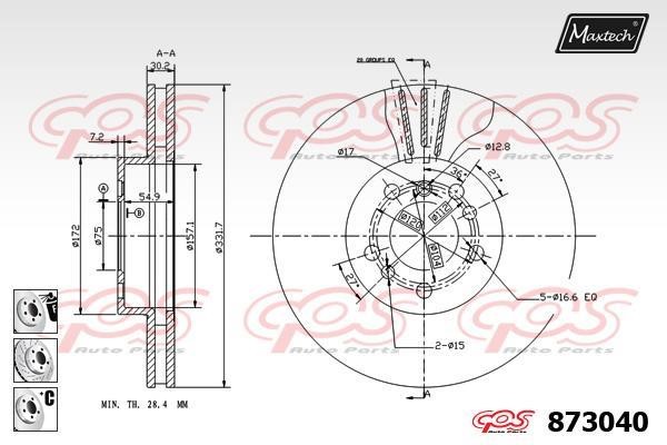 MaxTech 873040.6980 Front brake disc ventilated 8730406980