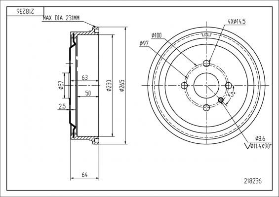218236 Hart Brake drum