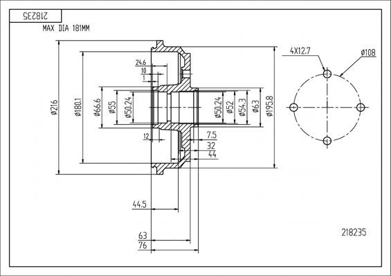 Hart 218 235 Brake Drum 218235