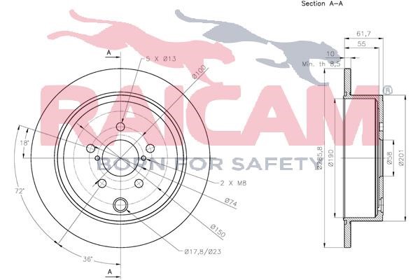 Rear brake disc, non-ventilated Raicam RD01285