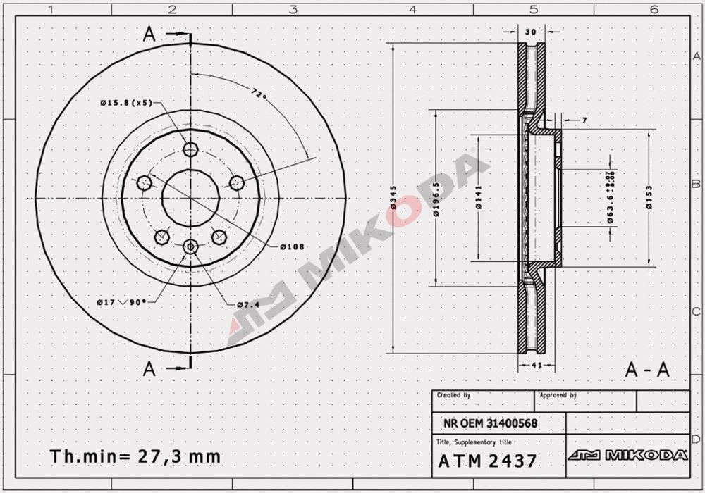 Mikoda 2437 Front brake disc ventilated 2437