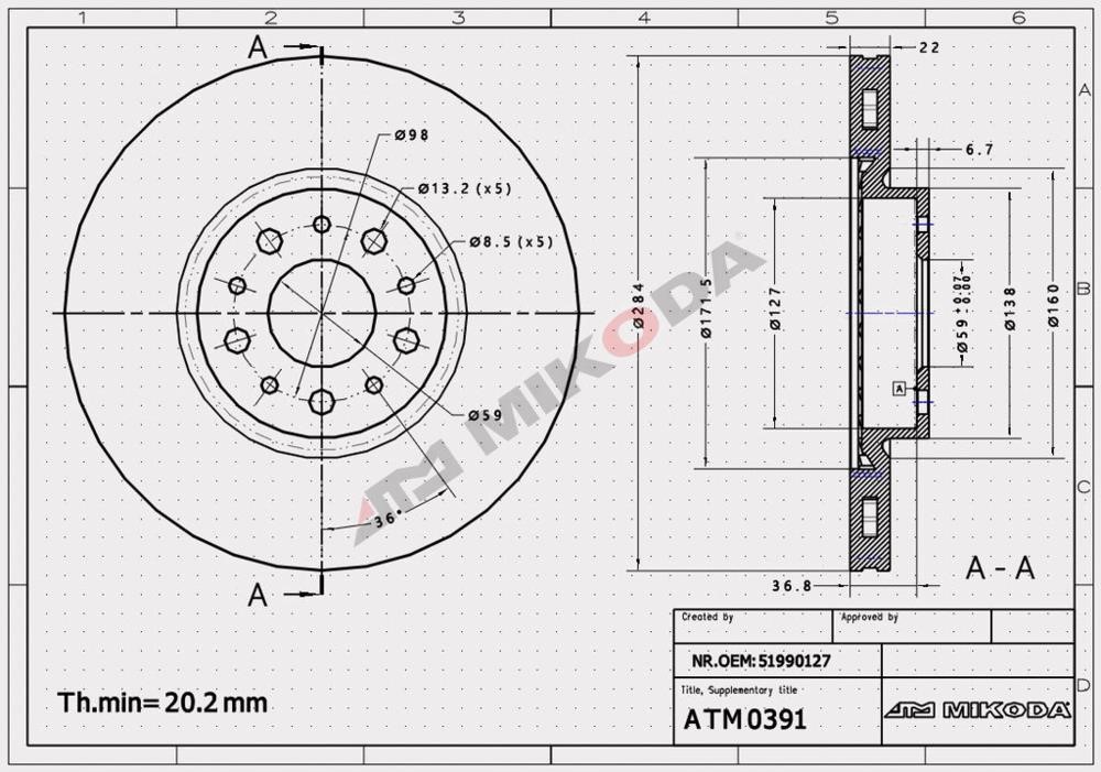 Mikoda 0391 Front brake disc ventilated 0391